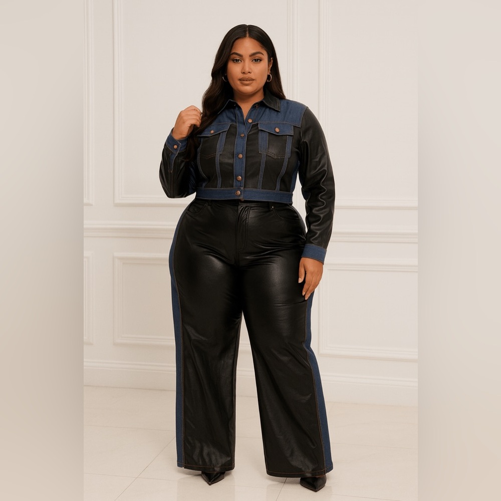Plus Size Denim Contrast Jacket And Pant Set